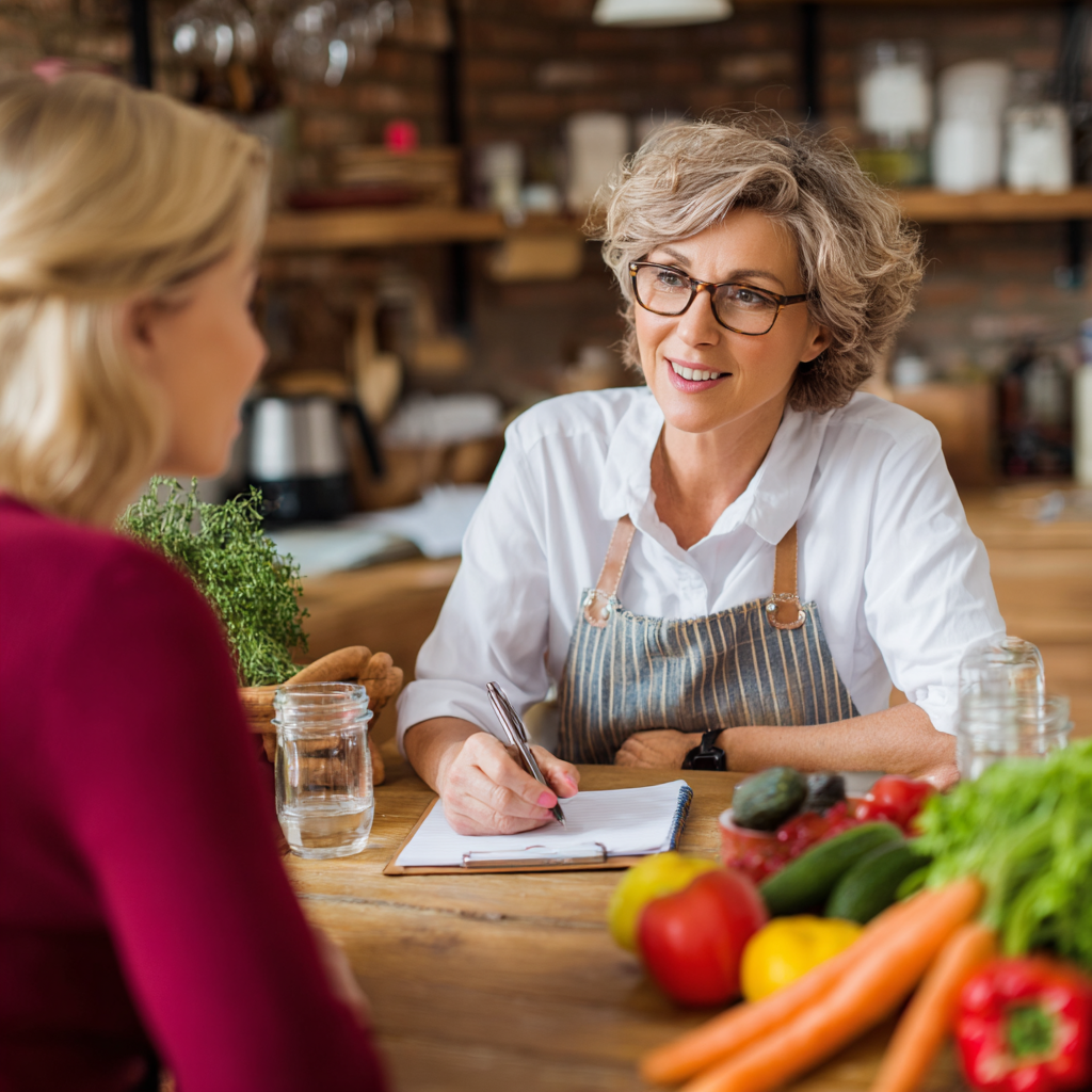 Middle-aged nutritionist consulting with adult client about healthy meal planning