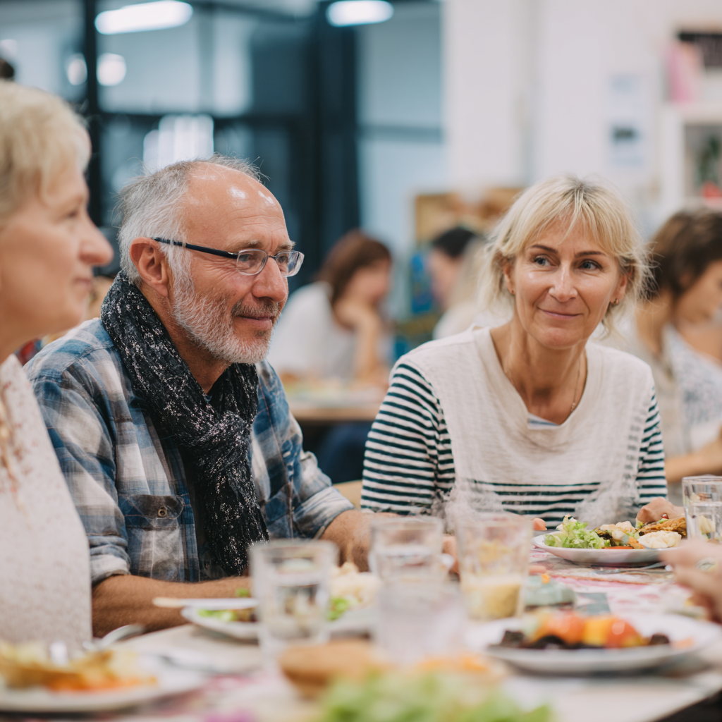 White ukraniane group of middle-aged adults enjoying healthy meal together at nutrition workshop