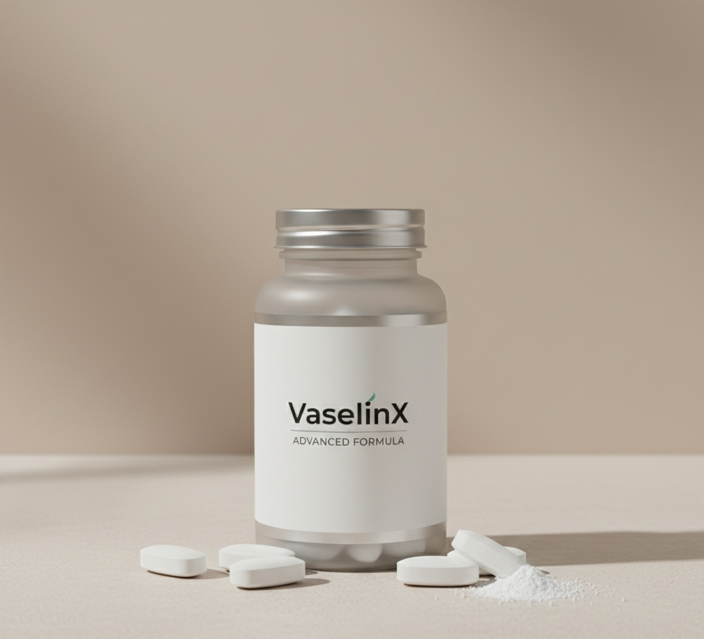 VaselinX - натуральний засіб для підтримки здорового артеріального тиску у формі капсул, упакований у білу коробку з синім логотипом, містить 60 капсул для місячного курсу